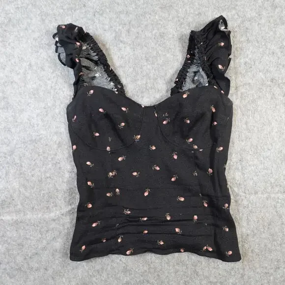 Reformation Top Womens 2 Elena Coco Black Rose Floral Ruffle Sweetheart Crepe - Picture 3 of 10
